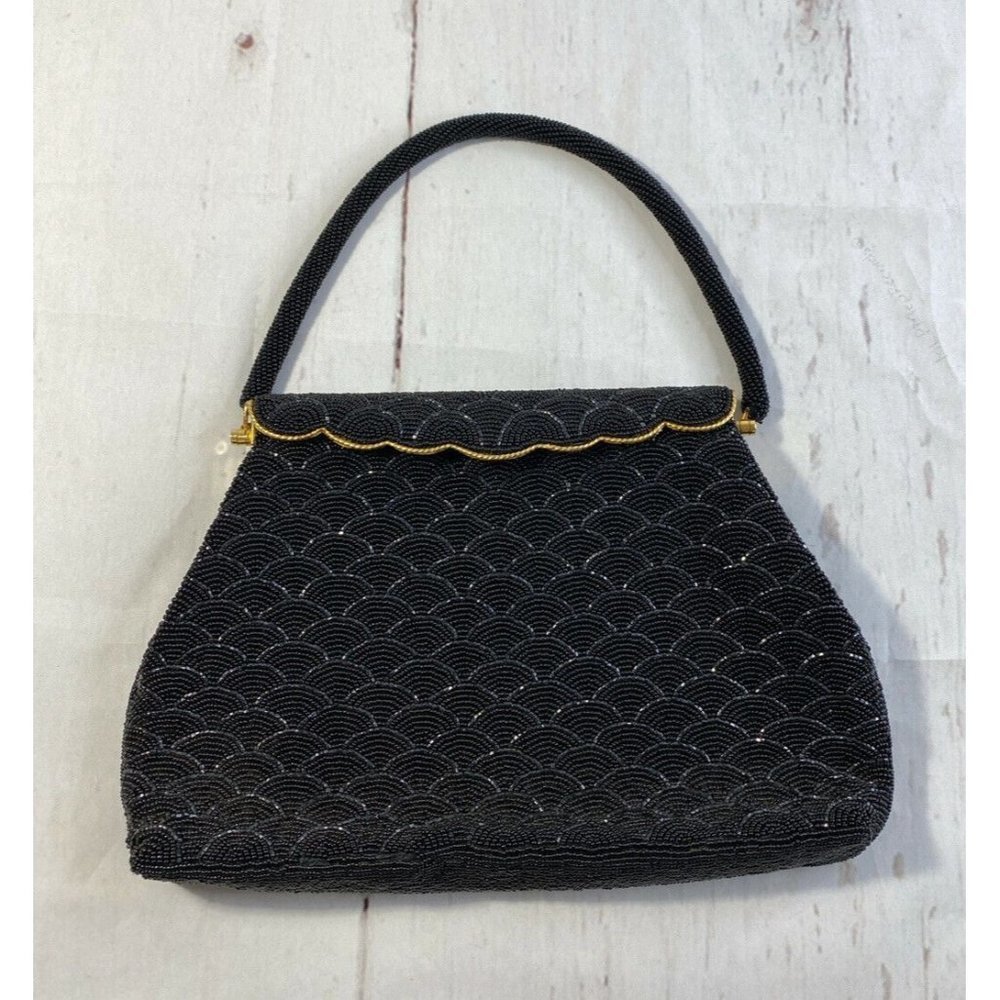 Vintage Black Hand Beaded Baguette Handbag with Brass Trim,1950s